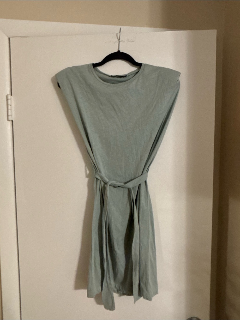 Sleeveless Tie-Waist Midi Dress with Shoulder Pads in Sage